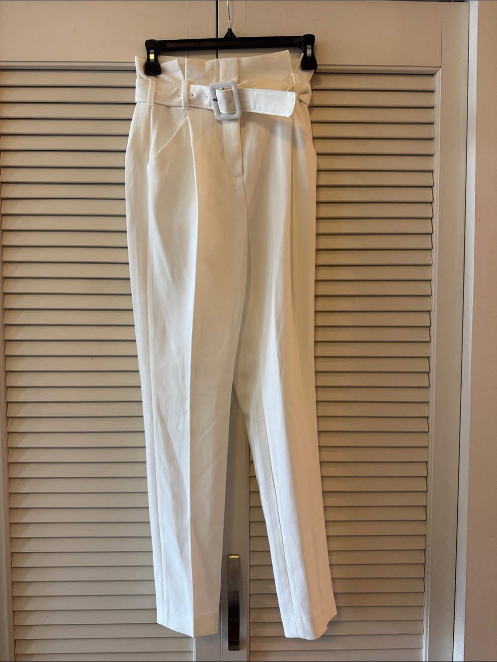 Babaton White High-Waist Belted Paperbag Trousers